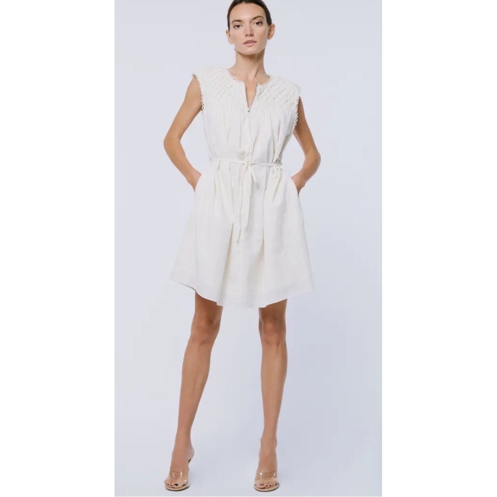 CIEBON Eden Tie Waist Minidress White Smocked Yoke Sleeveless Size S Pocket